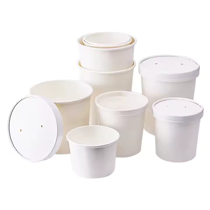 Disposable White Paper Food Container with Lid - Pack of 100